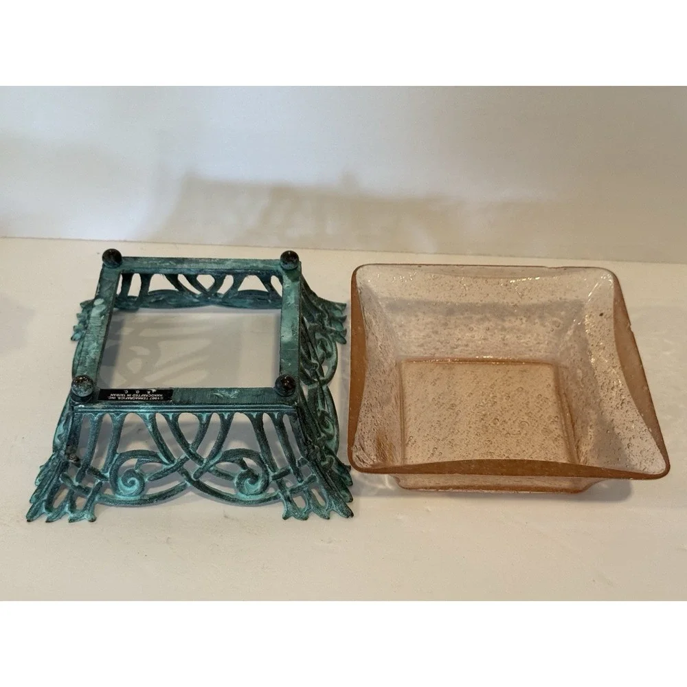 1987 Terragrafics Art Nouveau Verdigris Footed Bowl w Pink Seeded Glass Insert